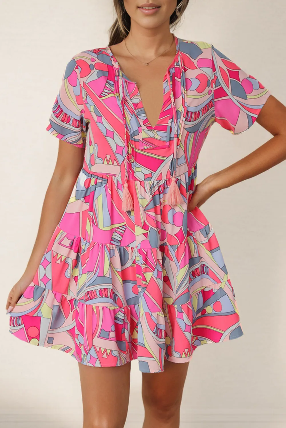 *APP EXCLUSIVE* Multicolored Tie Neck Short Sleeve Tiered Dress