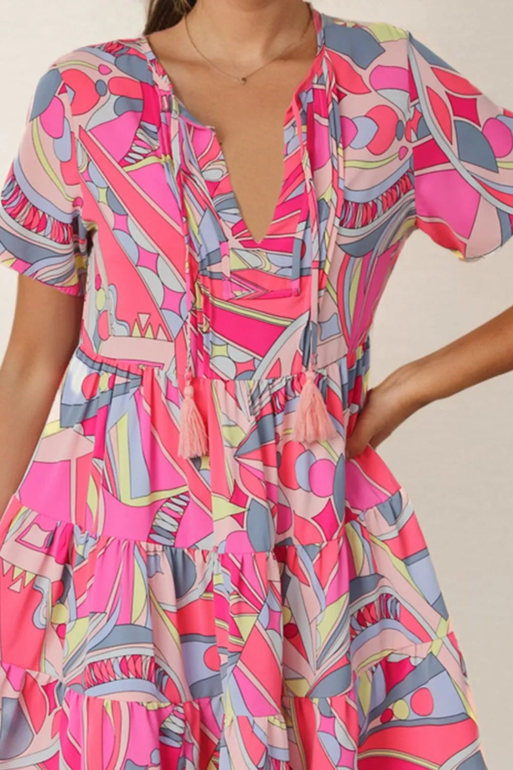 *APP EXCLUSIVE* Multicolored Tie Neck Short Sleeve Tiered Dress