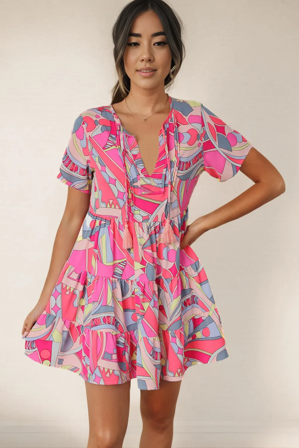 *APP EXCLUSIVE* Multicolored Tie Neck Short Sleeve Tiered Dress