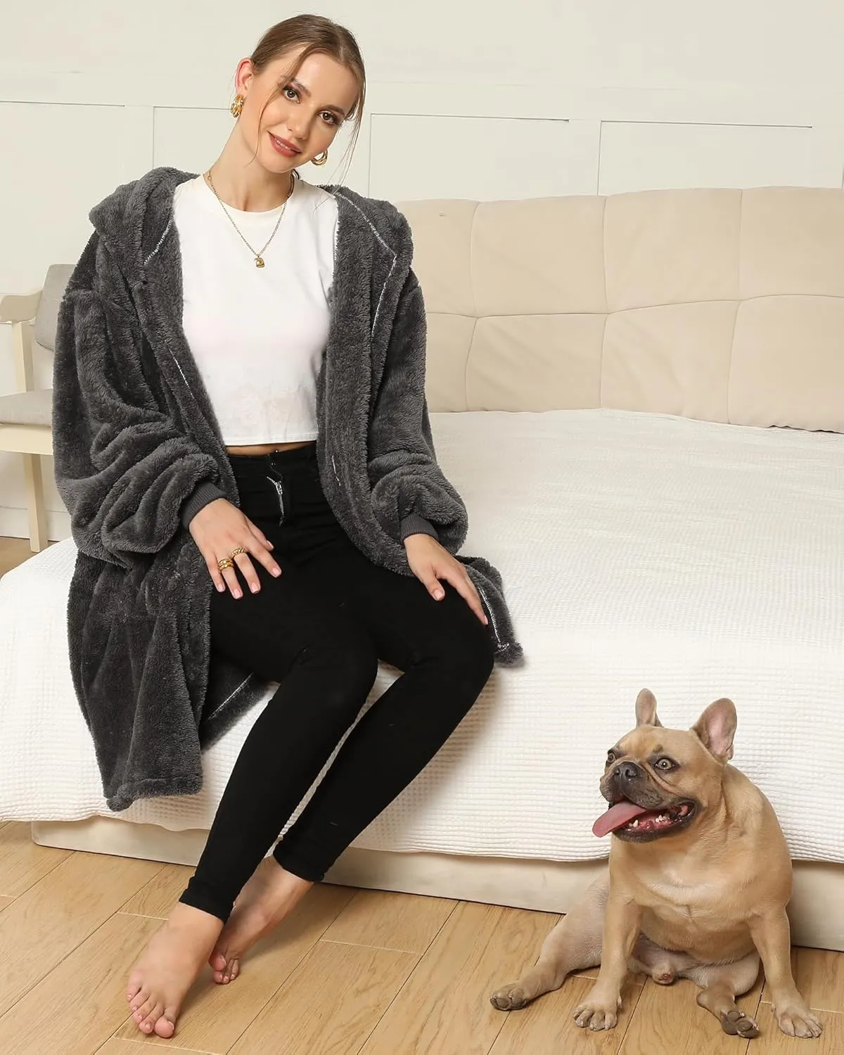 Argstar Hooded Cardigan for Women and Men, Oversized Sweatshirt Fuzzy Fleece Blanket Hoodie Jacket - One Size Fits All