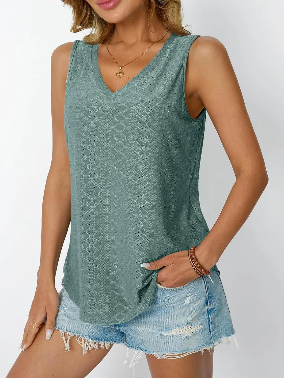 AUTOMET Women Summer Tank Top Eyelet Embroidery 2025 Vacation Sleeveless V Neck Loose Fit Shirt Spring Fashion Casual Clothes