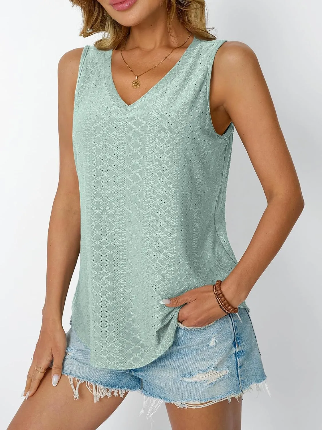 AUTOMET Women Summer Tank Top Eyelet Embroidery 2025 Vacation Sleeveless V Neck Loose Fit Shirt Spring Fashion Casual Clothes