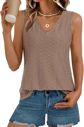 AUTOMET Women Summer Tank Top Eyelet Embroidery 2025 Vacation Sleeveless V Neck Loose Fit Shirt Spring Fashion Casual Clothes