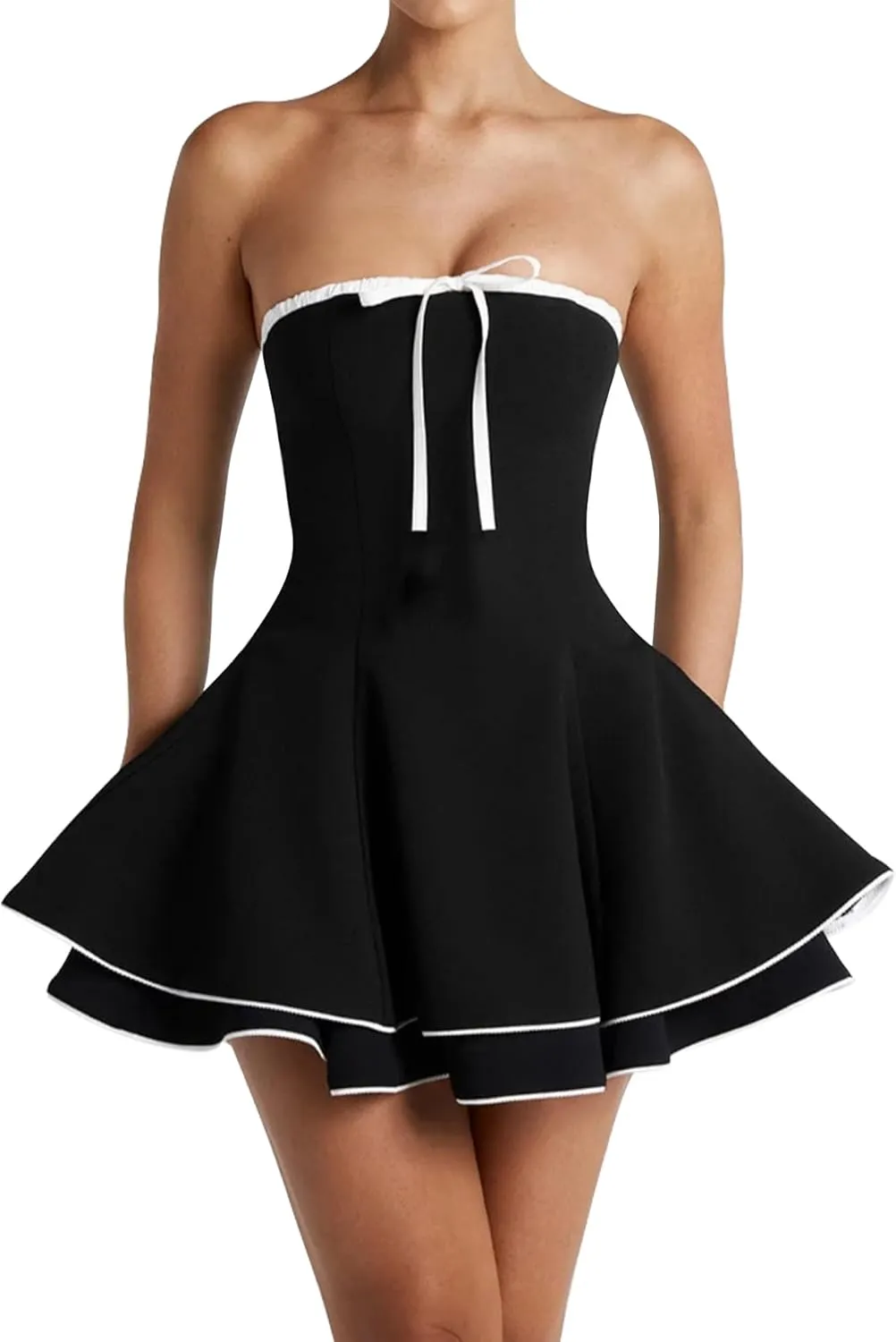 Azhong Women Summer Strapless Off The Shoulder Corset Mini Dress A-Line Pleated Tiered Fit and Flare Bow Tie Graduation Dress