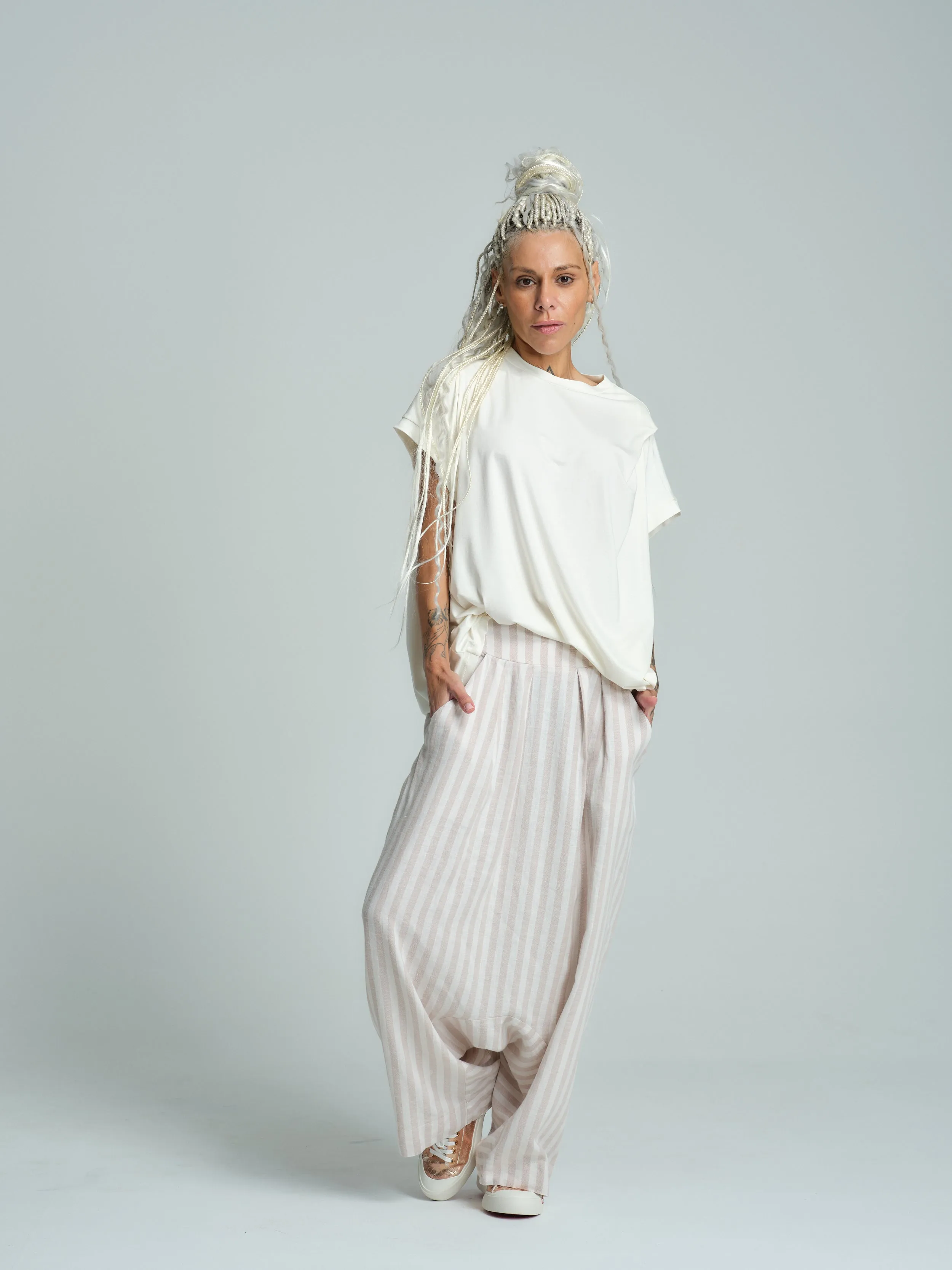 Beige Striped Linen-Blend Harem Pants