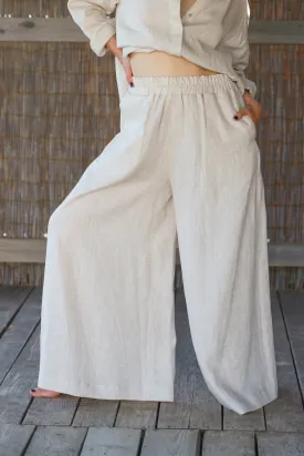 Beige Wide Leg Linen Palazzo Pants