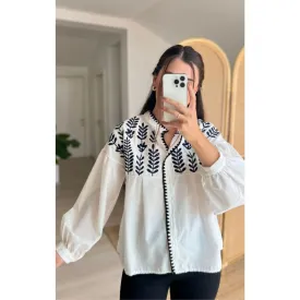 Black Embroidered White Ethnic Woman Blouse,Blouse Vintage, Gift For Her,Collar Blouse,Cotton Blouse,Boho Blouse 2