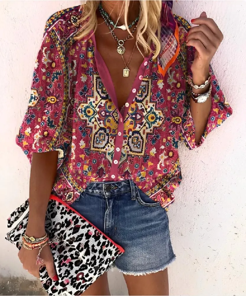 Boho Tops for Women 2025 Summer Floral Print Button Down V Neck 3/4 Sleeve Shirts Casual Loose Fit Trendy Blouses