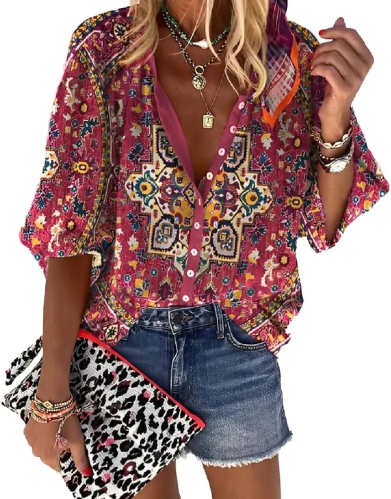 Boho Tops for Women 2025 Summer Floral Print Button Down V Neck 3/4 Sleeve Shirts Casual Loose Fit Trendy Blouses