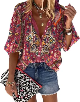 Boho Tops for Women 2025 Summer Floral Print Button Down V Neck 3/4 Sleeve Shirts Casual Loose Fit Trendy Blouses