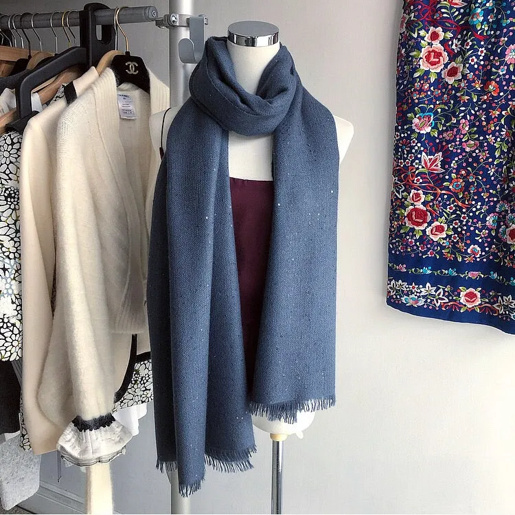 Brunello Cucinelli Steel Grey Cashmere Sequin Shawl Wrap Scarf