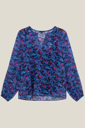 CIARA - Blouse bleue imprimé floral aquatique