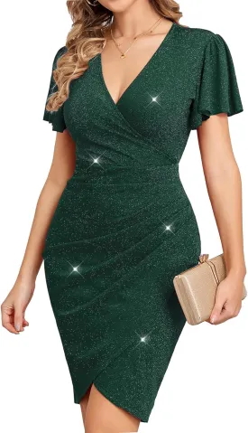 CYCLAMEN 2025 Sparkly Glitter Ruched Bodycon Mini Sexy Dress Sparkle Sequin V Neck Wrap Ruffle Sleeve Dresses Cocktail Party