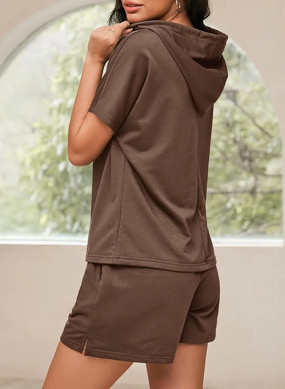 Dokotoo Women's 2 Piece Outfits Summer Sweatsuit Short Sleeve Drawstring Hoodies and Lounge Sets With Pocket