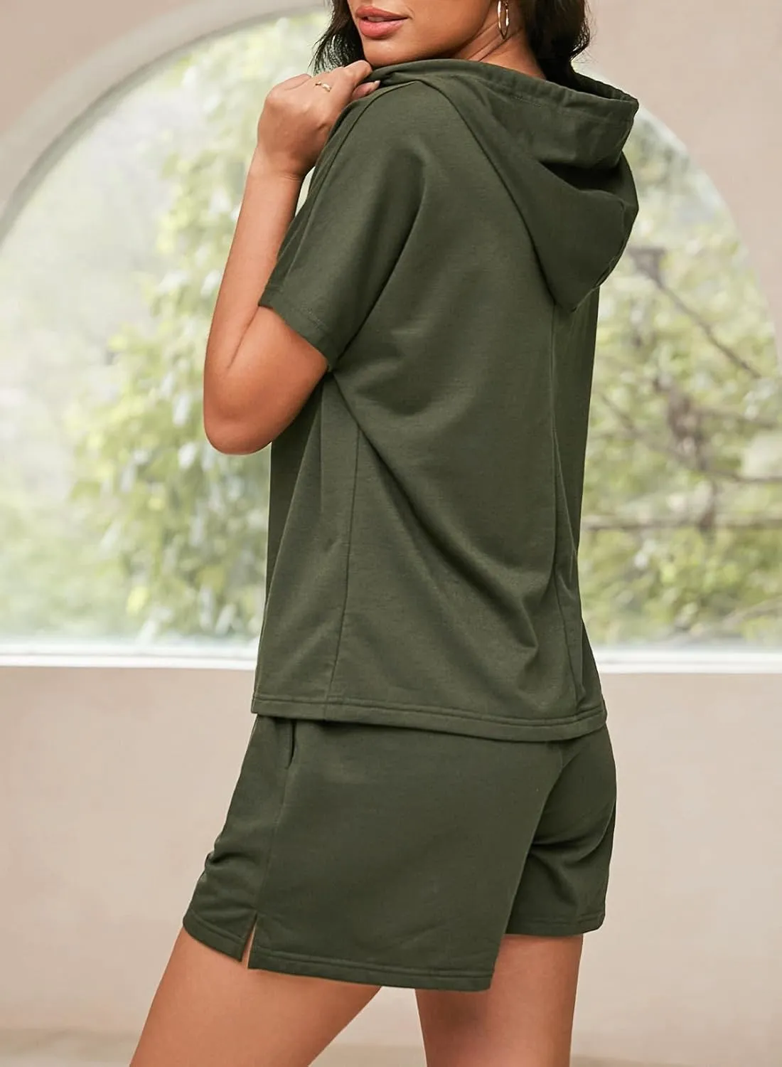 Dokotoo Women's 2 Piece Outfits Summer Sweatsuit Short Sleeve Drawstring Hoodies and Lounge Sets With Pocket