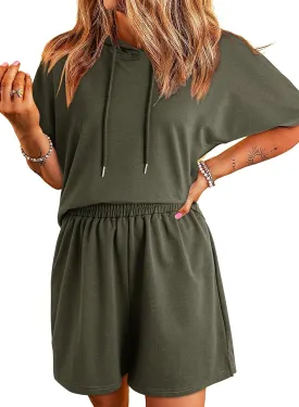 Dokotoo Women's 2 Piece Outfits Summer Sweatsuit Short Sleeve Drawstring Hoodies and Lounge Sets With Pocket