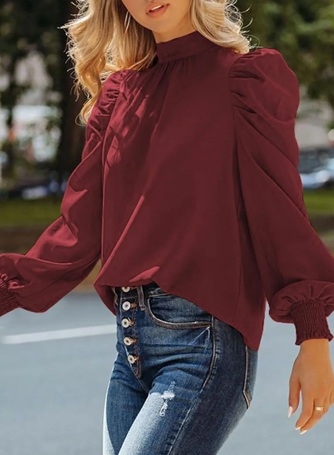 Dokotoo Womens 2024 Long Sleeve High Neck Puff Long Sleeve Casual Loose Shirts Tops and Blouses