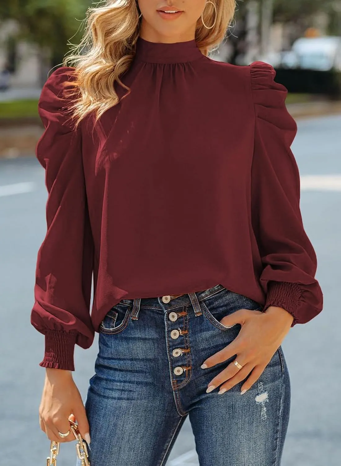 Dokotoo Womens 2024 Long Sleeve High Neck Puff Long Sleeve Casual Loose Shirts Tops and Blouses