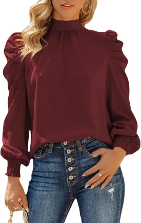 Dokotoo Womens 2024 Long Sleeve High Neck Puff Long Sleeve Casual Loose Shirts Tops and Blouses