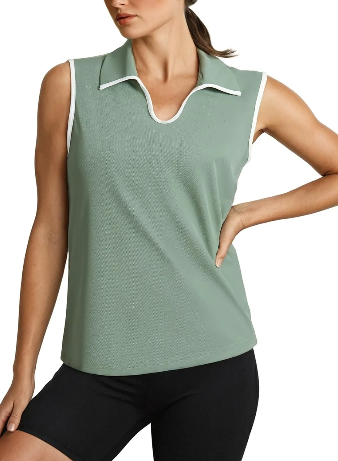 Dokotoo Women's Quick Dry Golf Polo Shirts Collared V Neck Sleeveless Tennis Shirt Stripe Workout Tops