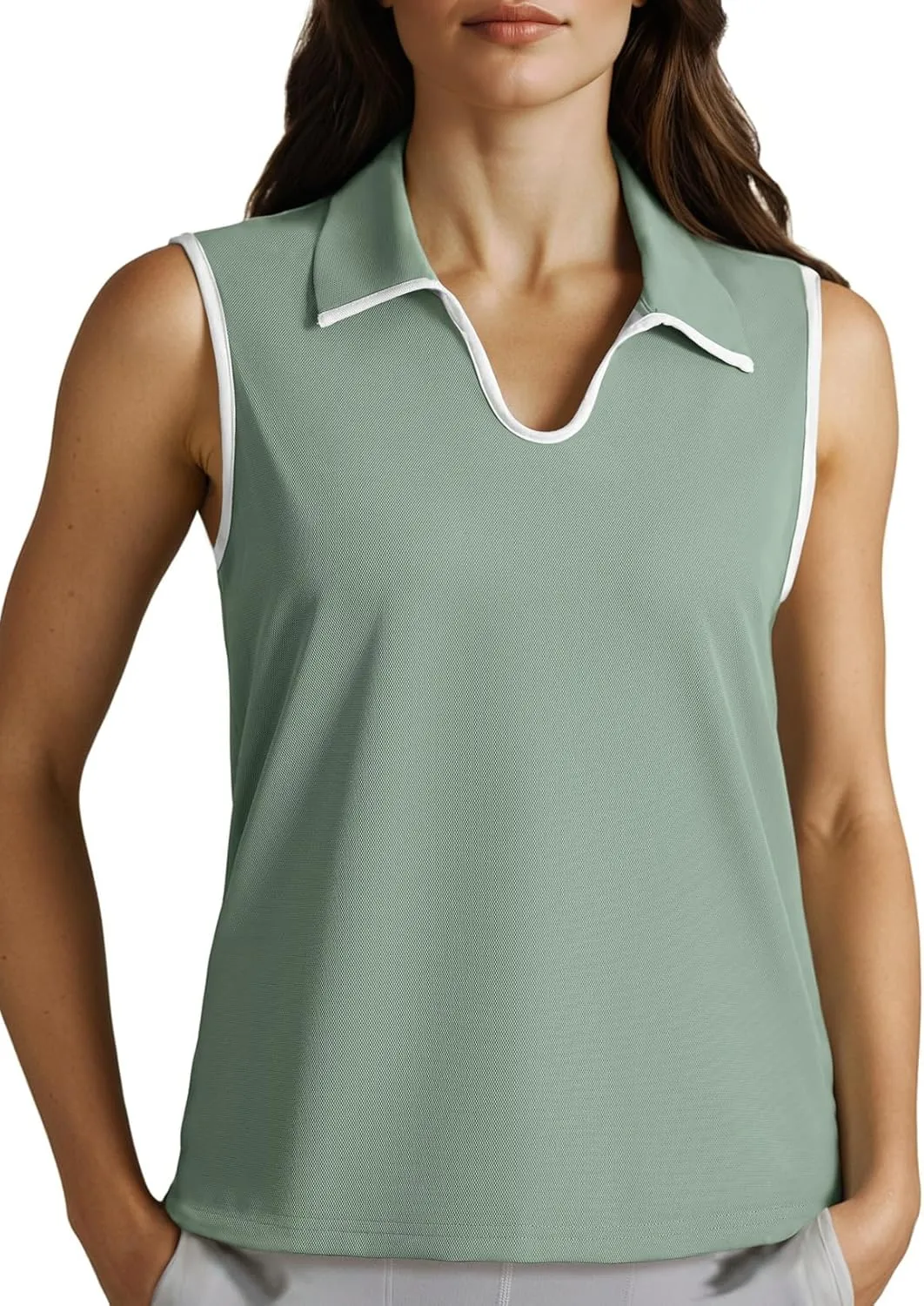 Dokotoo Women's Quick Dry Golf Polo Shirts Collared V Neck Sleeveless Tennis Shirt Stripe Workout Tops