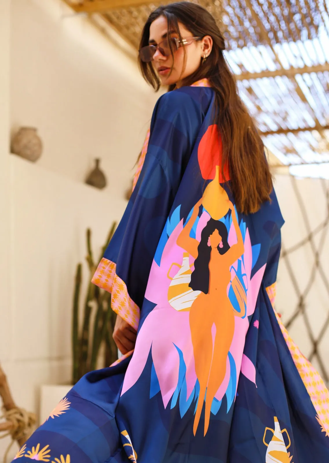 Egyptian Goddess Energy Satin Kimono Blue