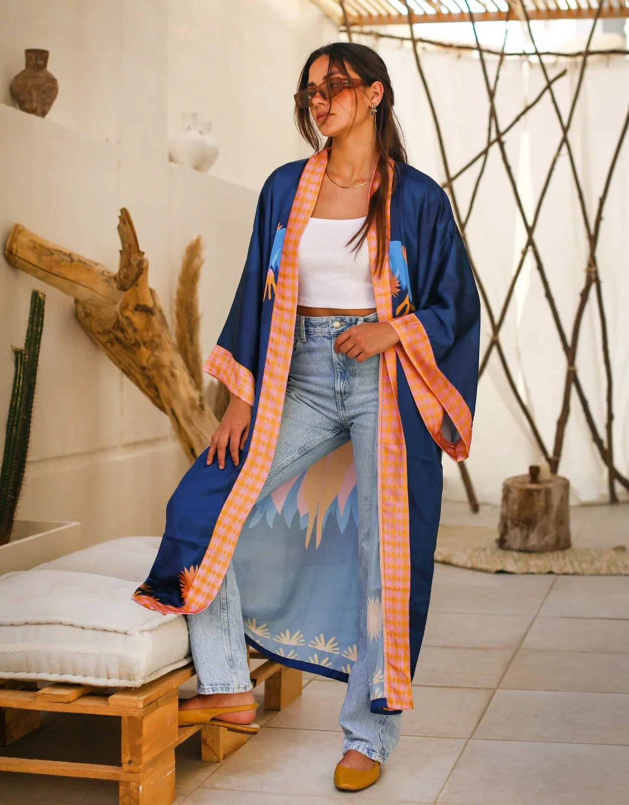 Egyptian Goddess Energy Satin Kimono Blue