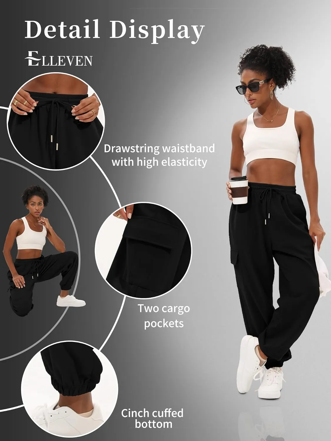 ELLEVEN High Waisted Sweatpants for Women - Baggy Cuffed Jogger with Cargo Pockets and Adjustable Drawstring