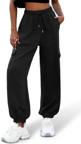 ELLEVEN High Waisted Sweatpants for Women - Baggy Cuffed Jogger with Cargo Pockets and Adjustable Drawstring