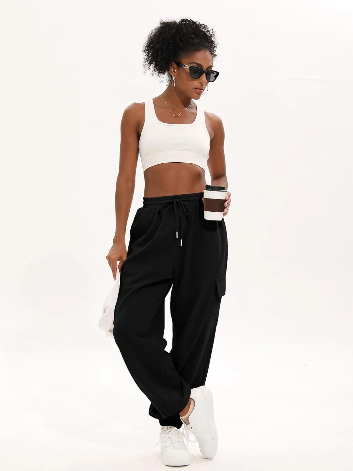 ELLEVEN High Waisted Sweatpants for Women - Baggy Cuffed Jogger with Cargo Pockets and Adjustable Drawstring