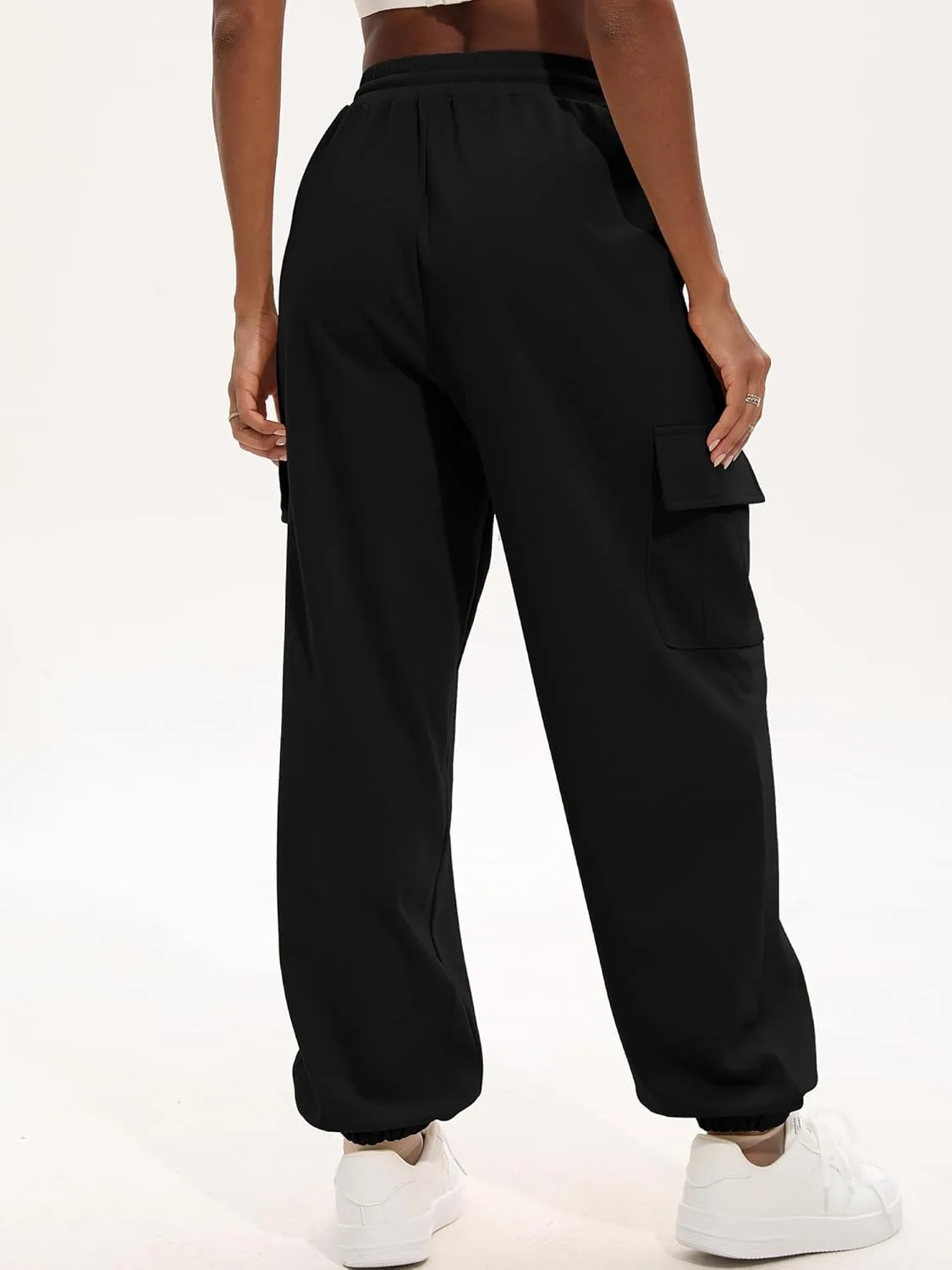 ELLEVEN High Waisted Sweatpants for Women - Baggy Cuffed Jogger with Cargo Pockets and Adjustable Drawstring