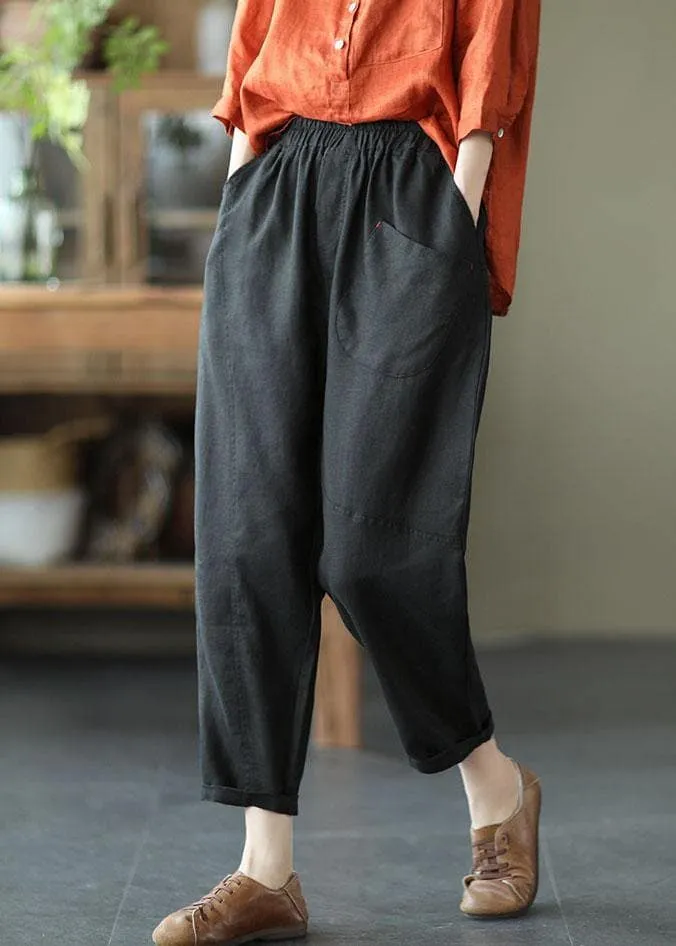 French Beige Elastic Waist Harem Summer Pants Linen