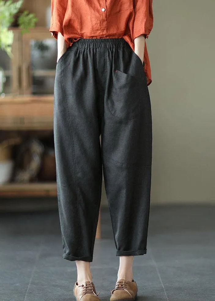 French Beige Elastic Waist Harem Summer Pants Linen