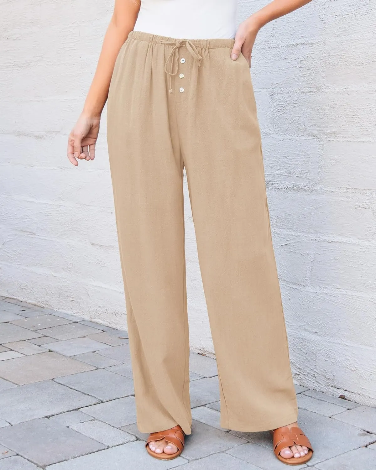 GRAPENT Linen Wide Leg Pants Woman High Waisted Pull On Button Drawstring Baggy Casual Summer Palazzo Pants with Pockets
