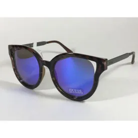 Guess Round Cat Eye Sunglasses Tortoise Gunmetal Blue Violet Mirror Lens GF0323 53X