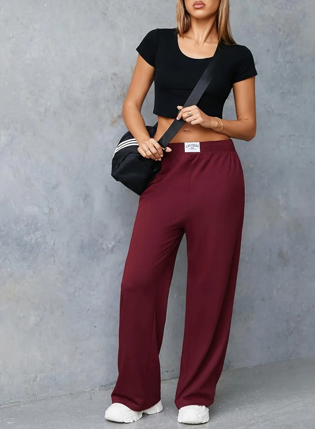 Herseas Wide Leg Sweatpants for Women Elastic High Waisted Patch Detail 2025 Loose Casual Trousers Pant with Pockets