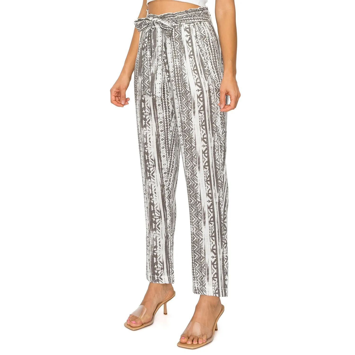 High-Waisted Tie Belt Linen Pants - Grey