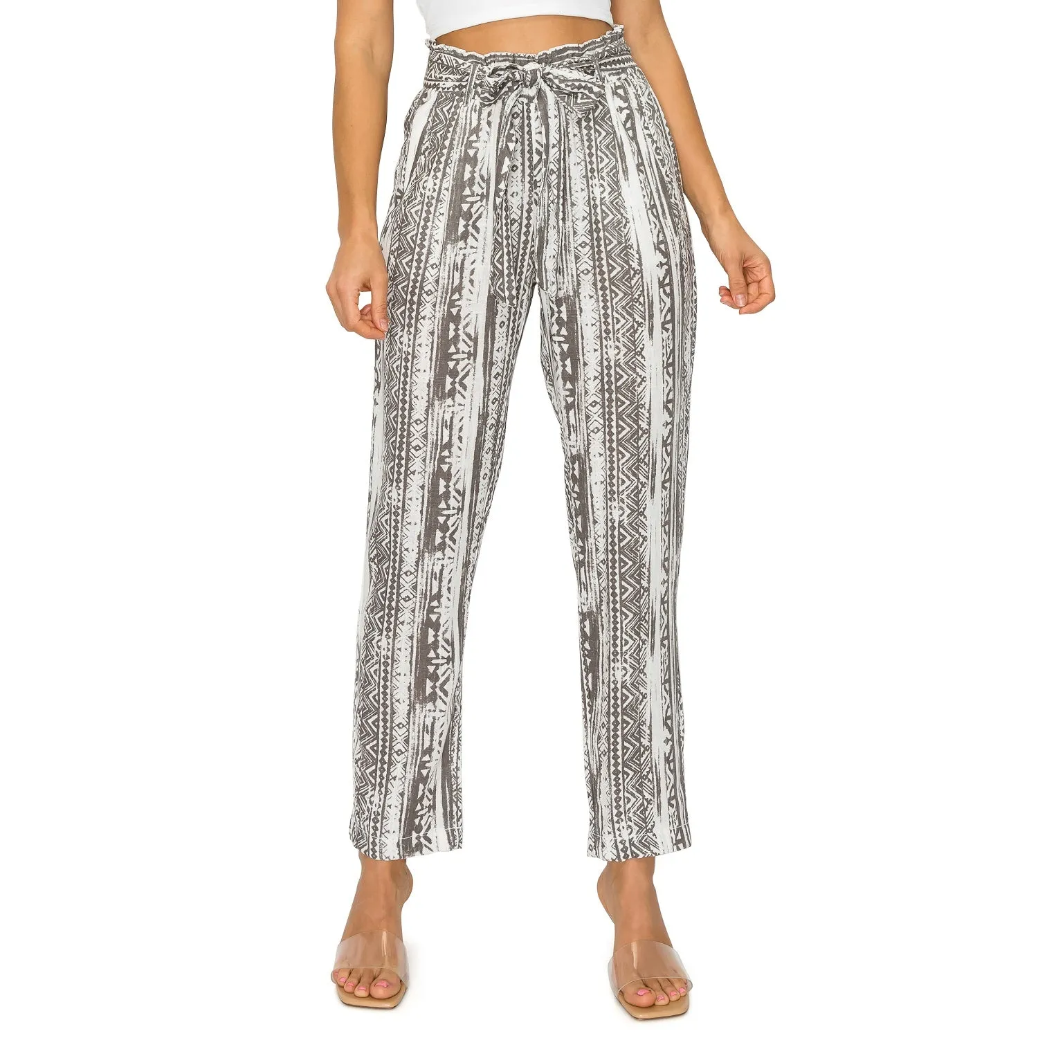 High-Waisted Tie Belt Linen Pants - Grey