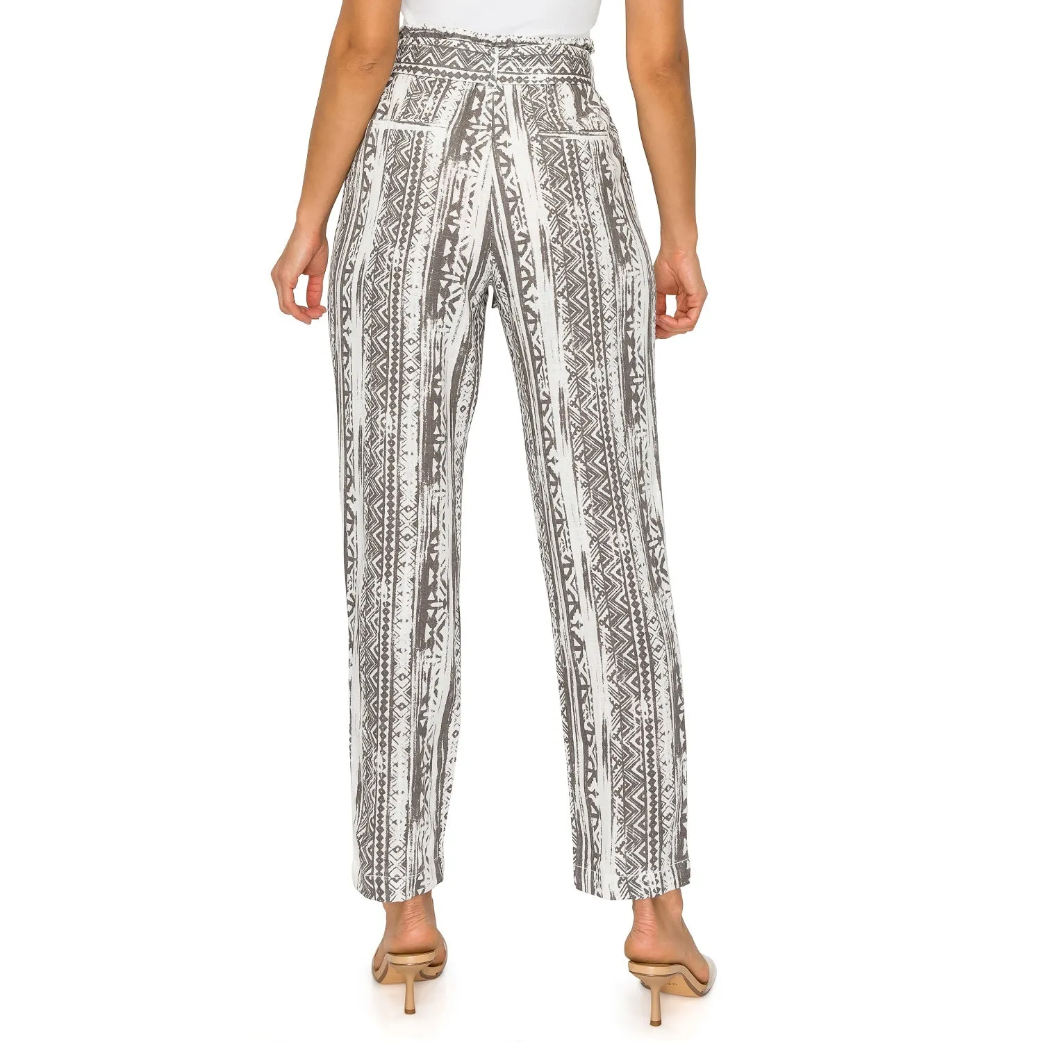 High-Waisted Tie Belt Linen Pants - Grey