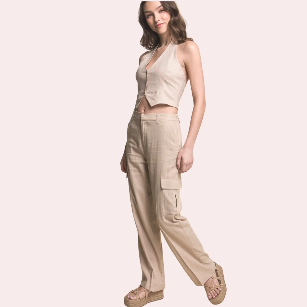 Khaki linen cargo pants