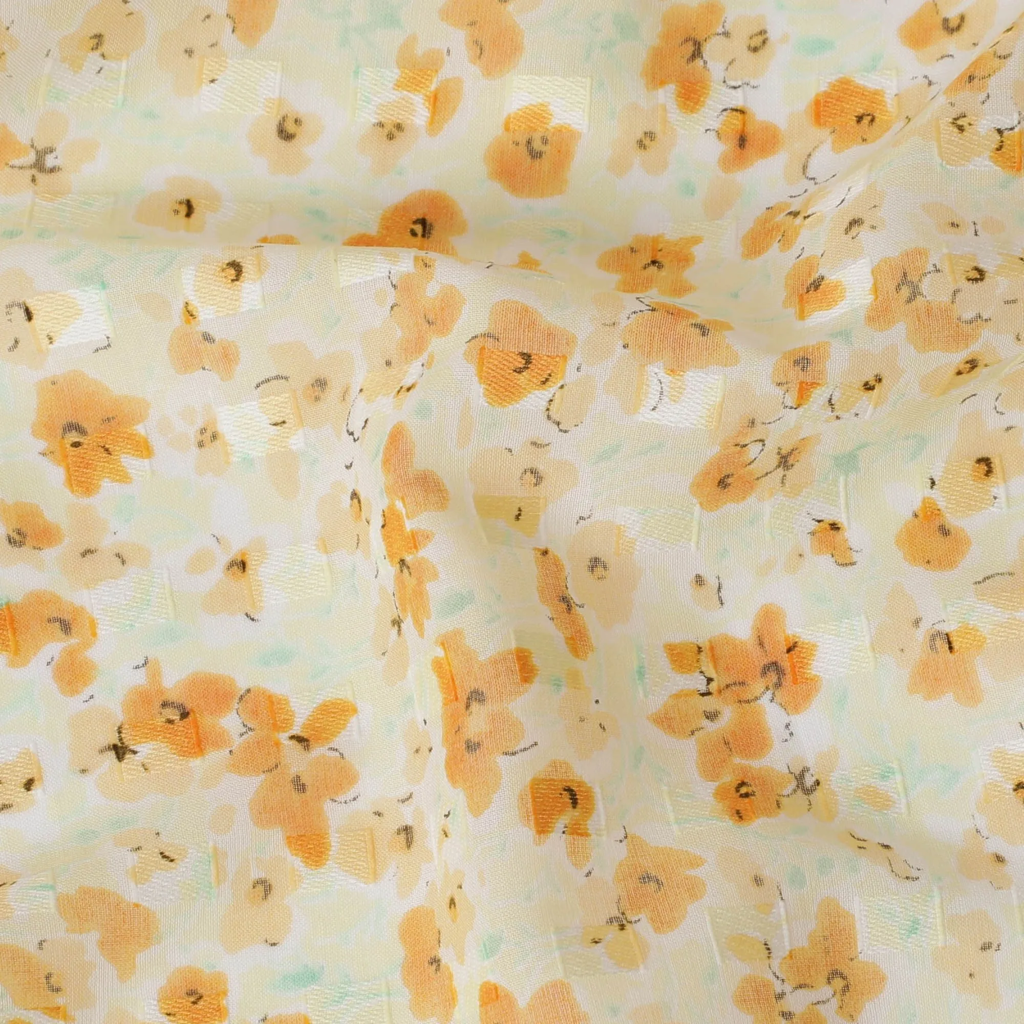 Light yellow uragiri cotton voile fabric with same tone jacquard having latte multicolor print in abstract design-D17037