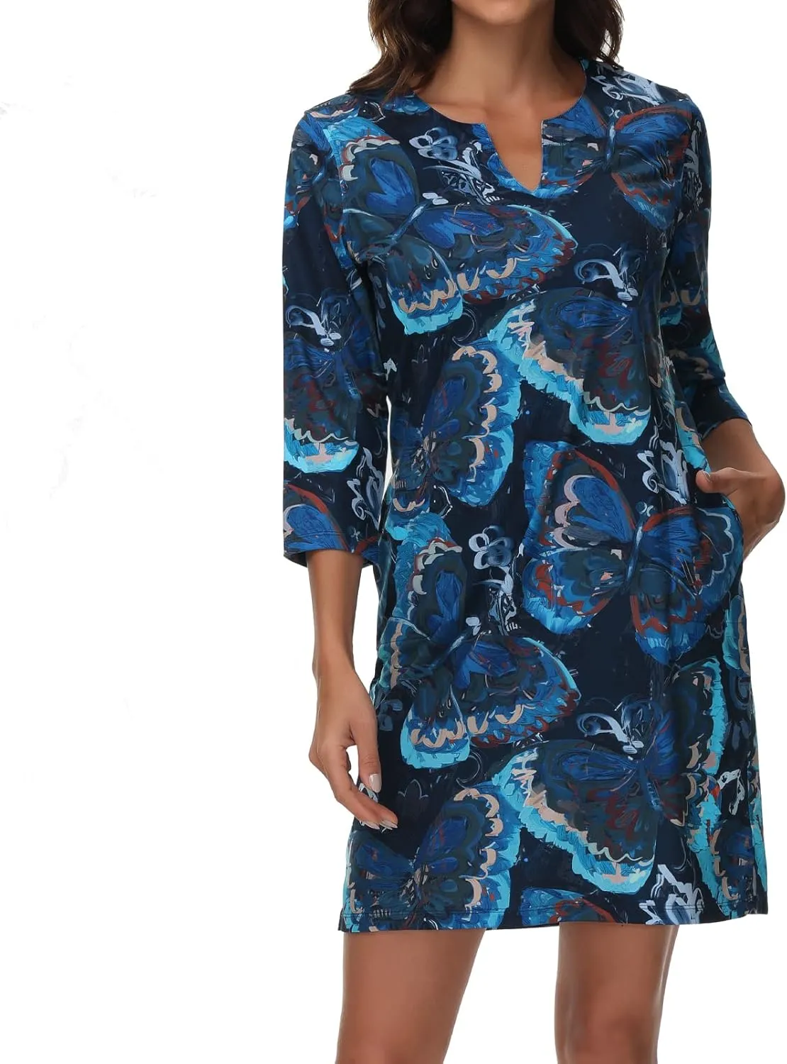 Lightbare Womens 3/4 Sleeve Dress with Pockets UPF 50  Casual Sun Dress Breathable Quick Dry for Beach Hiking Outdoors Party