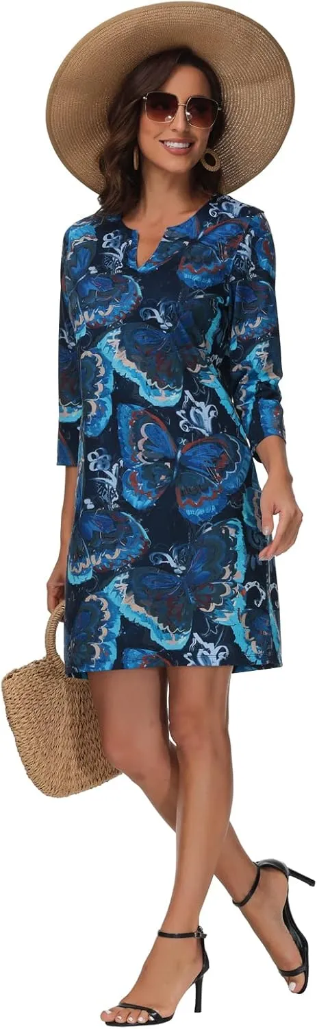 Lightbare Womens 3/4 Sleeve Dress with Pockets UPF 50  Casual Sun Dress Breathable Quick Dry for Beach Hiking Outdoors Party