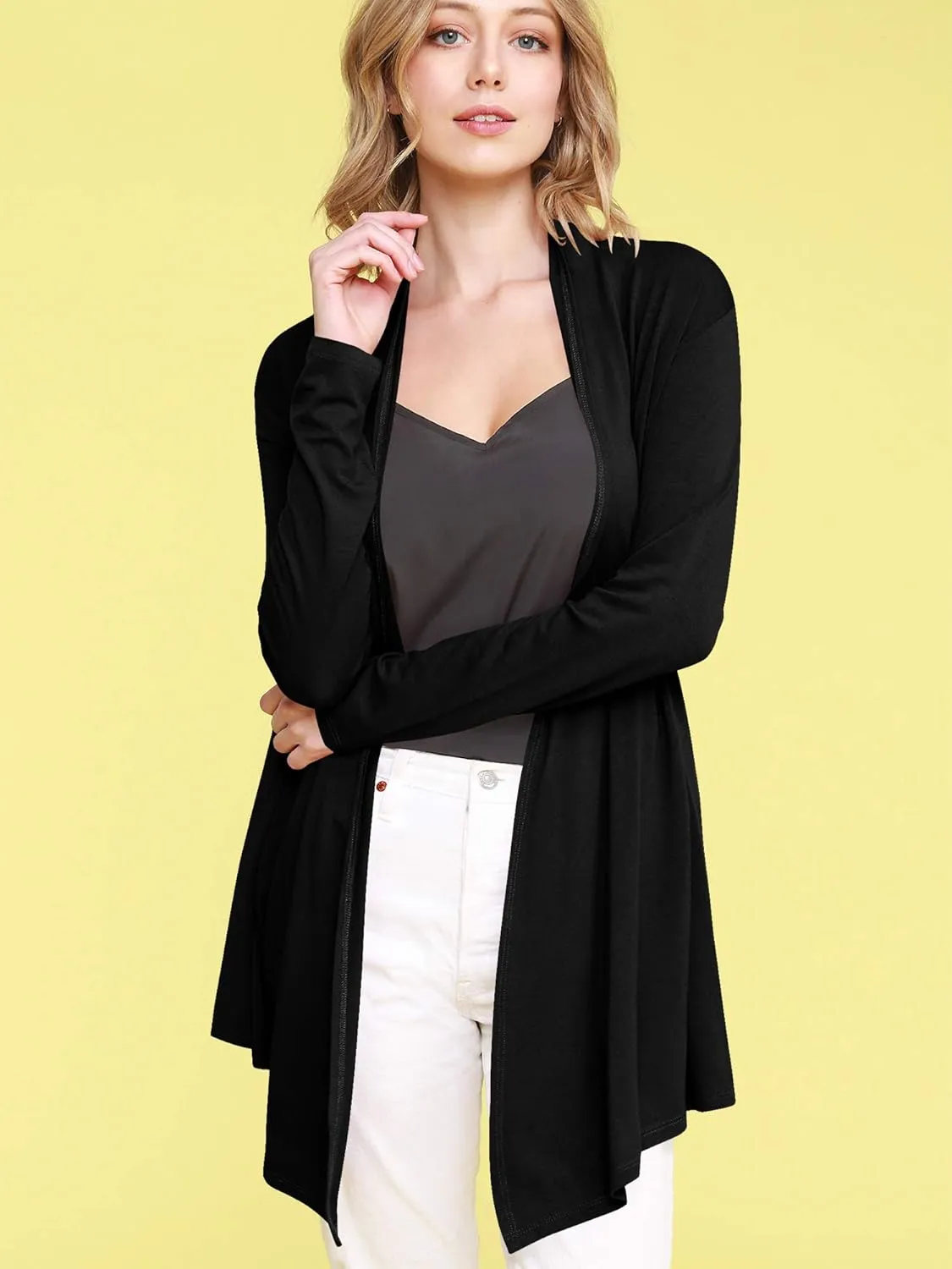Lock and Love Women's Draped Front Open Asymmetrical Cardigan - Casual Long Sleeve Lightweight Duster