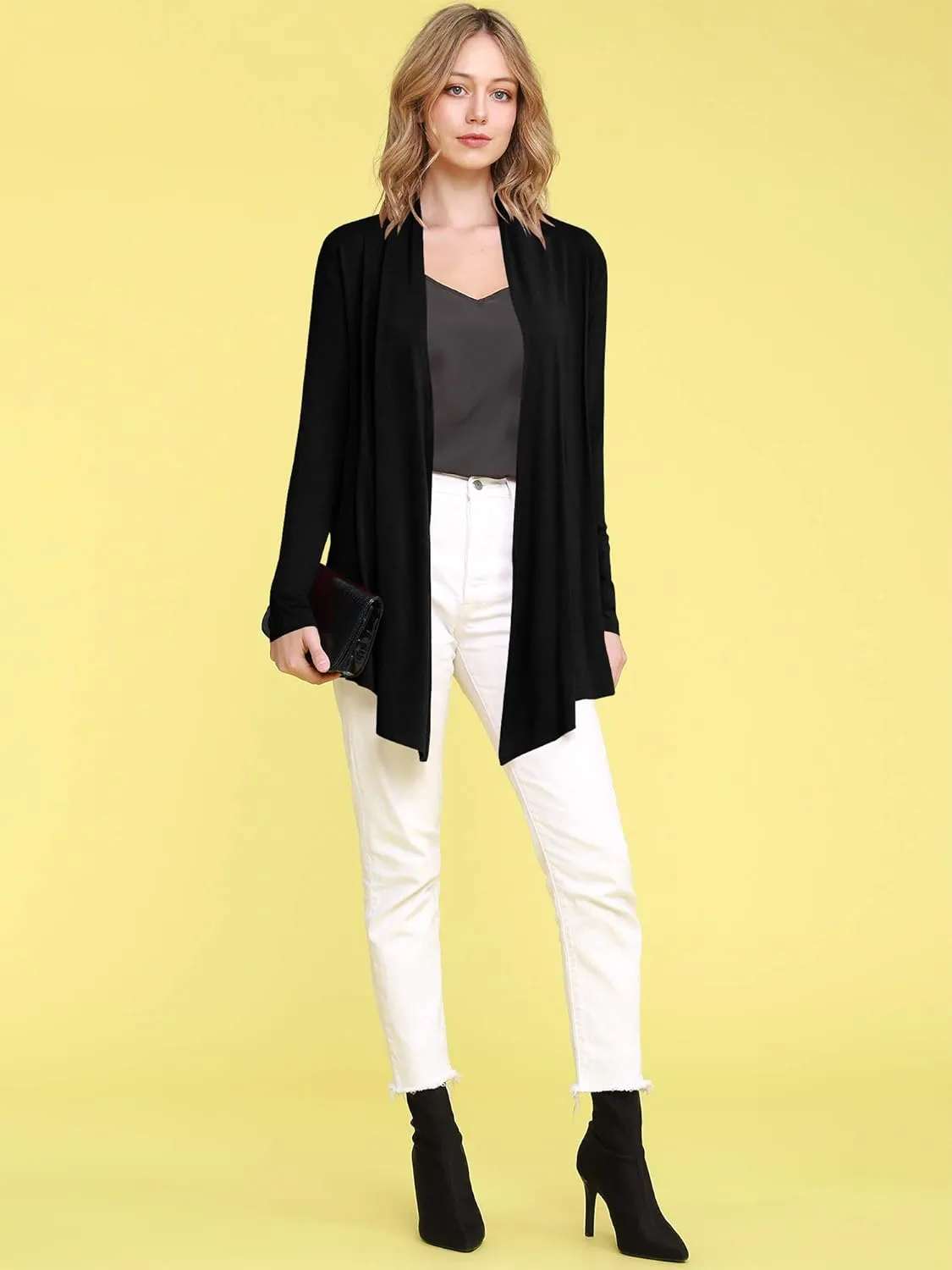 Lock and Love Women's Draped Front Open Asymmetrical Cardigan - Casual Long Sleeve Lightweight Duster