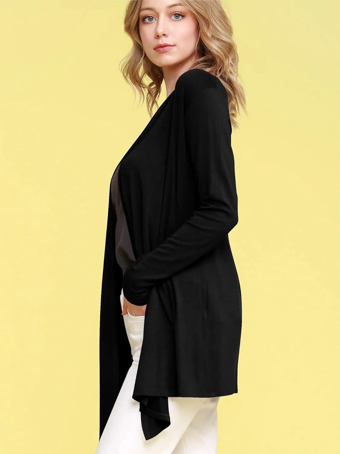 Lock and Love Women's Draped Front Open Asymmetrical Cardigan - Casual Long Sleeve Lightweight Duster