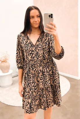 Luna Tiered Oversized Mini Dress Tan Animal