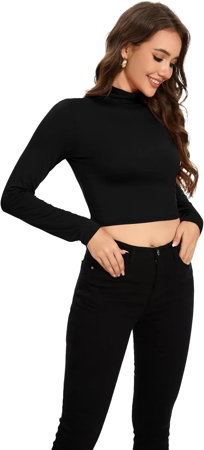MadHeart Womens Long Sleeve Crop Tops Slim Fit Cropped Mock Neck Base Layer Shirts