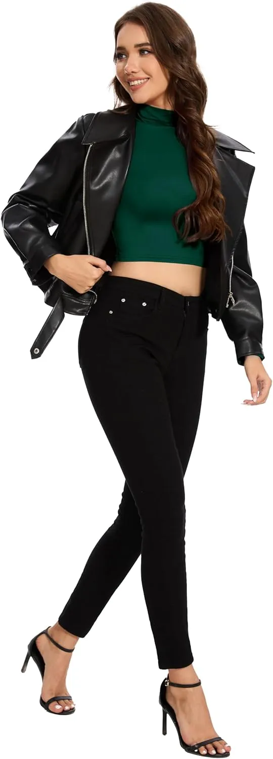 MadHeart Womens Long Sleeve Crop Tops Slim Fit Cropped Mock Neck Base Layer Shirts