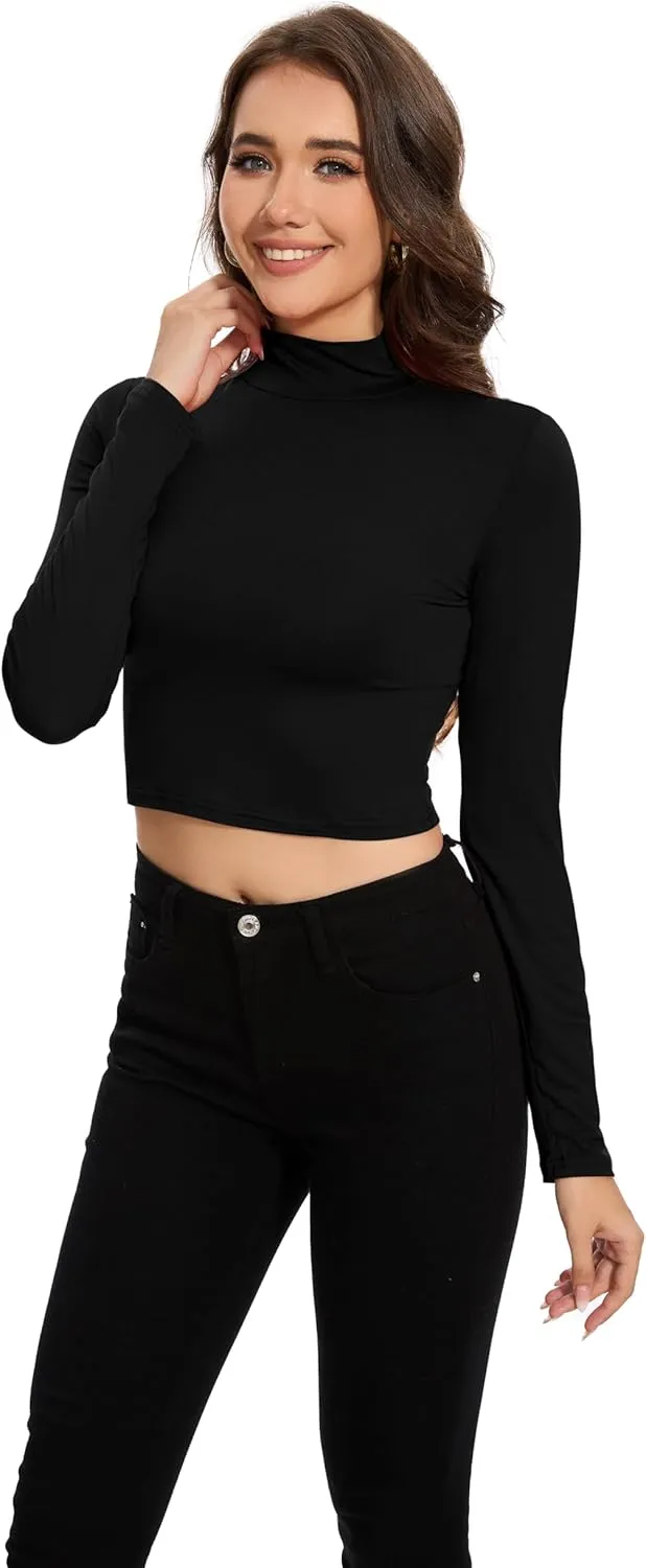 MadHeart Womens Long Sleeve Crop Tops Slim Fit Cropped Mock Neck Base Layer Shirts